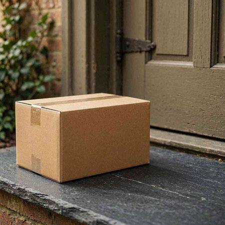 Cardboard box on the doorstep of a house. Delivery concept.