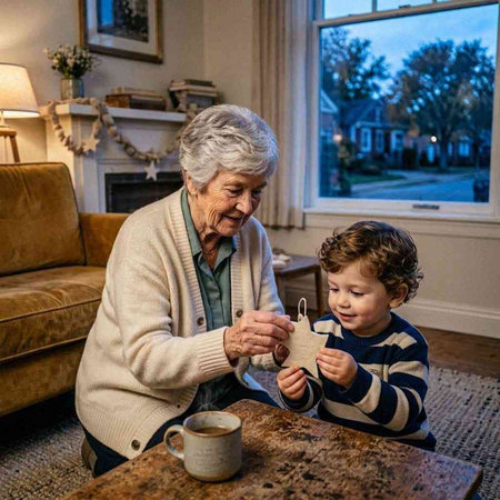 Grandmother and grandson playing together at home with a cup of tea