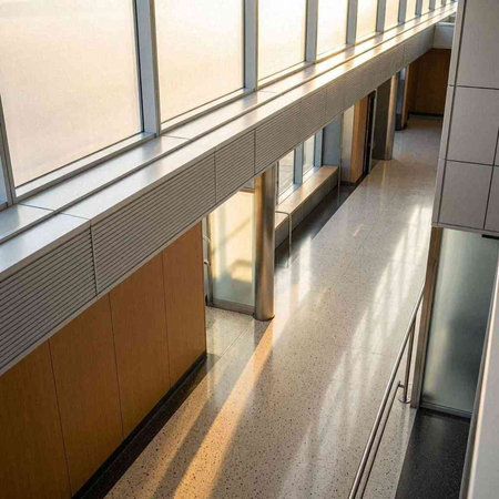 Interior of a modern office building with glass walls and floor.