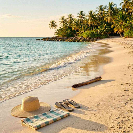 Straw hat, flip flops and sunglasses on a tropical beach