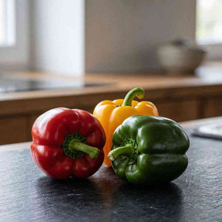 Red, yellow and green bell peppers on a kitchen countertop.