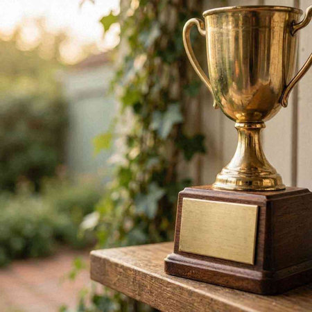Trophy cup on wooden table in front of the entrance to the house