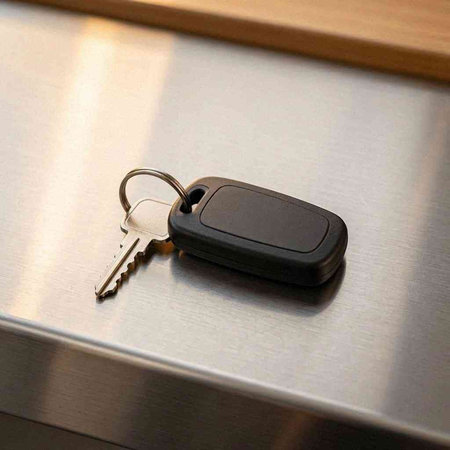 Car key with keychain on a metal table in the kitchen.