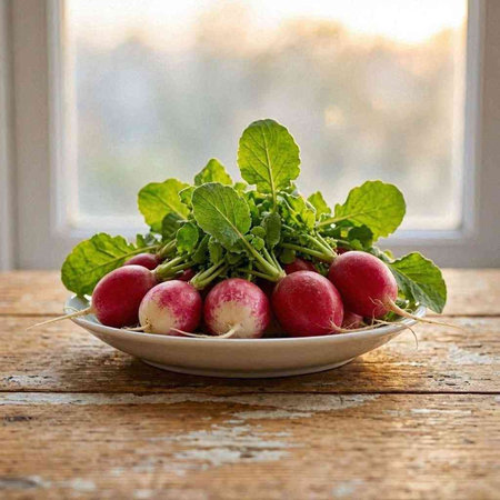 Bunch of fresh radishes in a plate on a wooden table