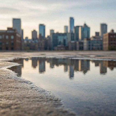 Reflection of the city skyline in a puddle of water.