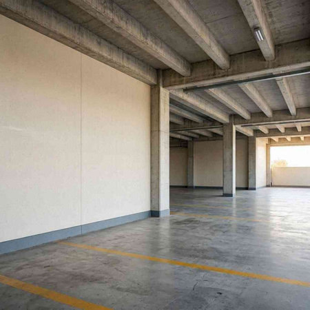 interior of empty car park with concrete walls and floor, nobody inside