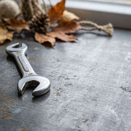 Wrench and autumn leaves on a rustic background with copy space