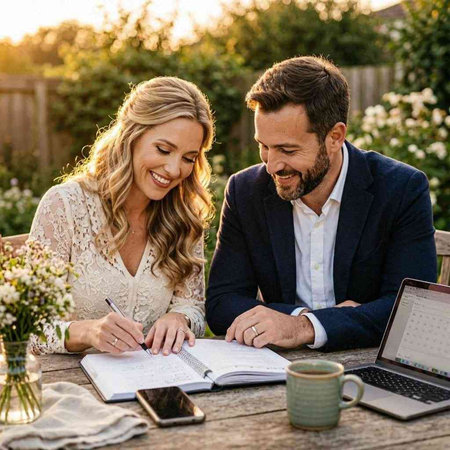 Couple in love sitting at a table with a laptop and making notes in the garden