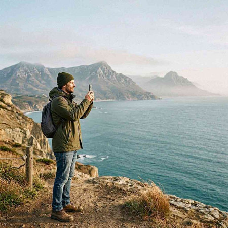 Man with a mobile phone on the top of the mountain looking at the sea