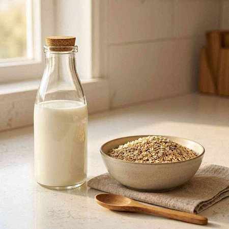 Oat flakes in a bowl with a bottle of milk on the kitchen table
