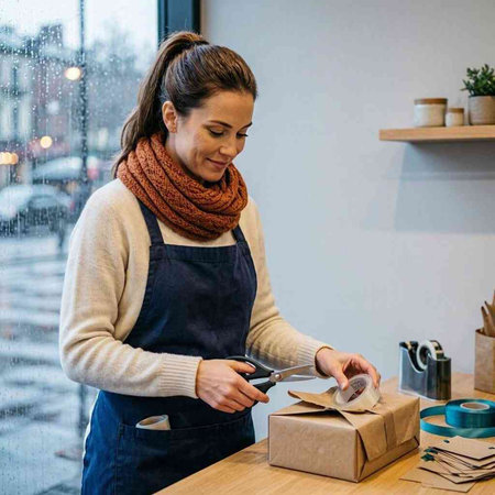 Woman in apron and scarf packing a gift box in a shop