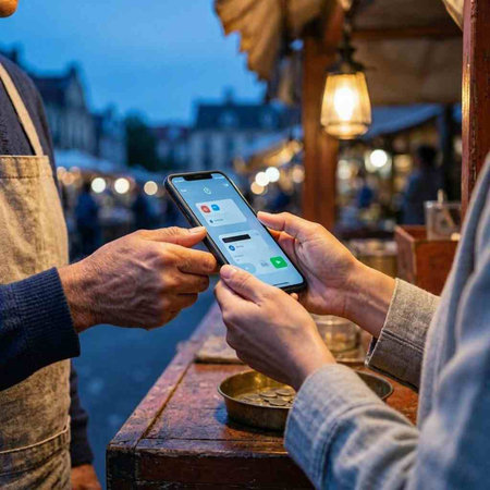 Man and woman looking at mobile smart phone at Parisian street cafe