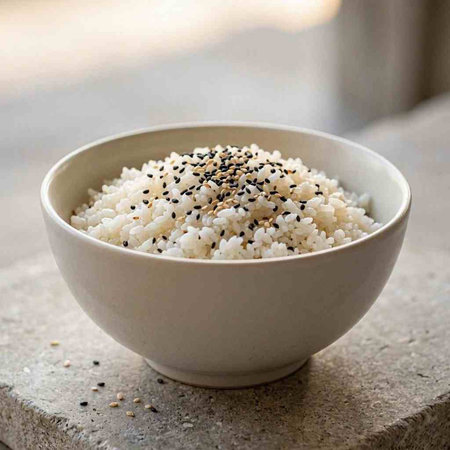 White rice in a bowl with black sesame seeds on the table