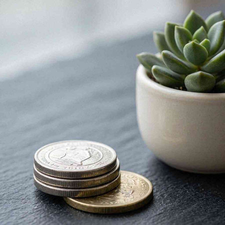 Coins and succulent plant on black background. Selective focus.