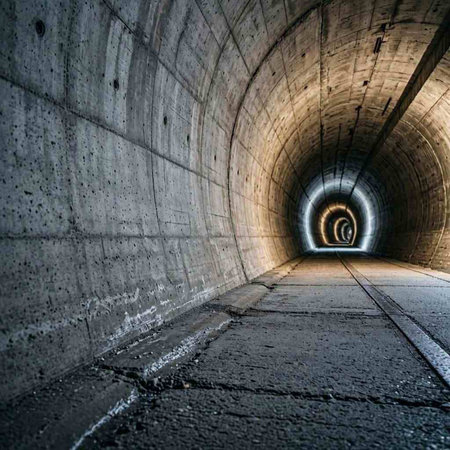 Underground tunnel with dark asphalt and light at the end of it