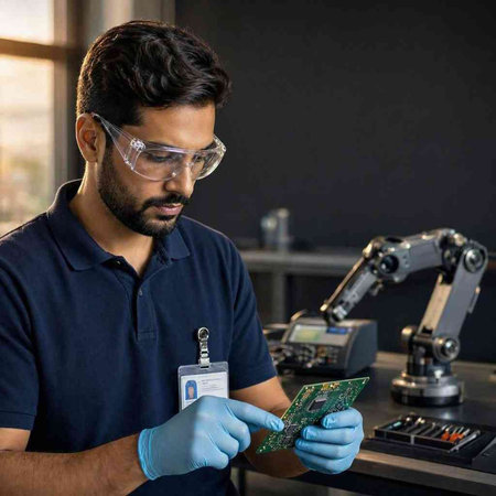 Young indian male engineer in protective eyeglasses and blue uniform working on electronic circuit board