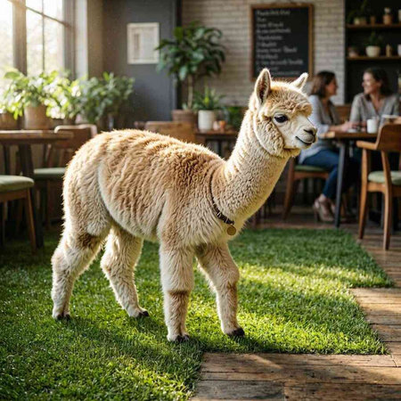 Cute alpaca standing on the grass in a cafe.