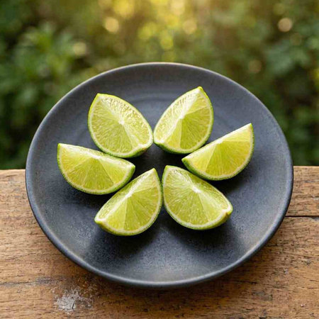 Sliced lime in a black plate on a wooden table.