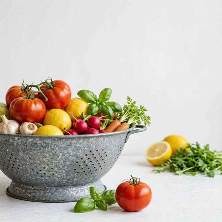 Fresh organic vegetables in a metal colander on a light background.