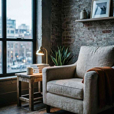 Interior of loft apartment living room with brick wall, window, sofa and coffee table