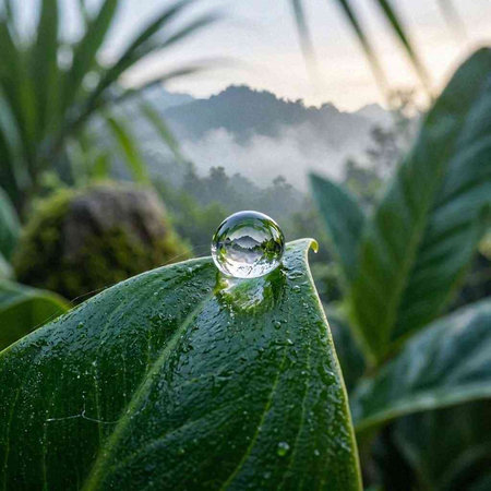 Water droplets on a green leaf in the rainforest of Thailand