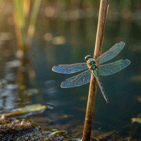 Dragonfly on a stick in the water. Beautiful dragonfly.