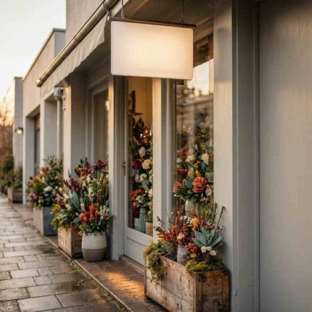 Flowers in pots in front of the entrance to a flower shop