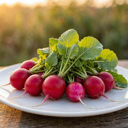 Bunch of fresh radishes with leaves on a wooden table.