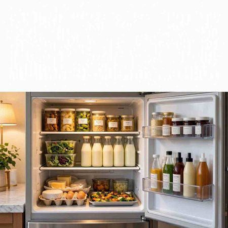 Refrigerator full of food and drinks in a modern kitchen.