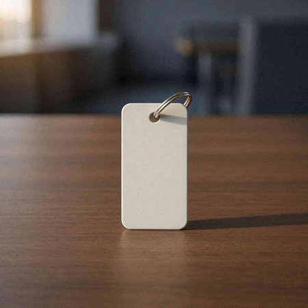 Blank price tag mockup on a wooden table in a restaurant
