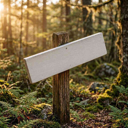Blank wooden signpost in the forest at sunrise. Nature background
