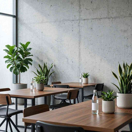 Interior of modern cafe with concrete walls, wooden floor, round tables and green plants. 3d render