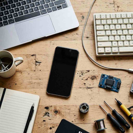 High angle view of laptop, smartphone, screwdriver and notebook on wooden table