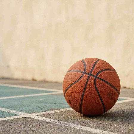 Basketball ball on the floor of a basketball court with copy space