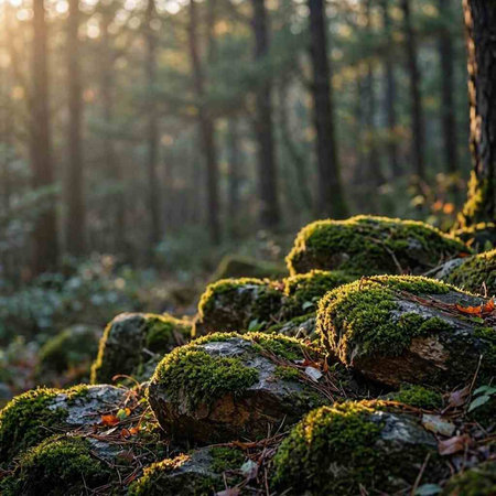 Mossy stones in the forest at sunset. Natural background.