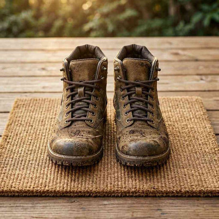 Pair of old worn hiking boots on a wooden terrace.