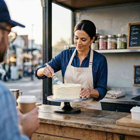 Coffee shop owner serving cake to customer on street food market