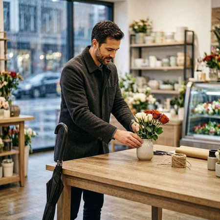 Male florist working in flower shop, preparing bouquet for customer.