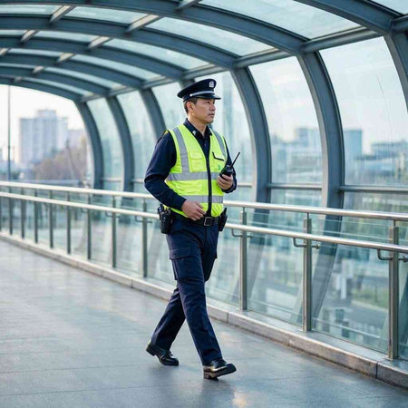 Male security guard walking on a pedestrian bridge in Moscow, Russia.