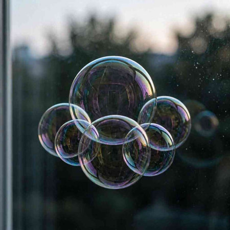Soap bubbles on the background of a window. Close-up.