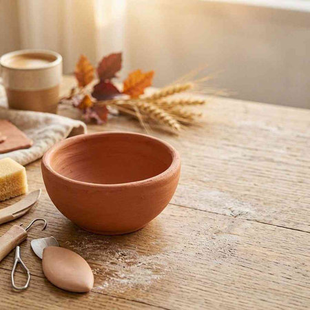 Empty clay bowl on a wooden table with kitchen utensils.