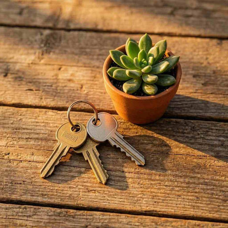 Key with keychain in a pot on a wooden background. Housewarming concept.