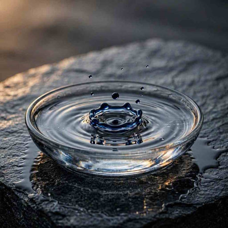 Water drop falling into a glass bowl with water droplets and ripples