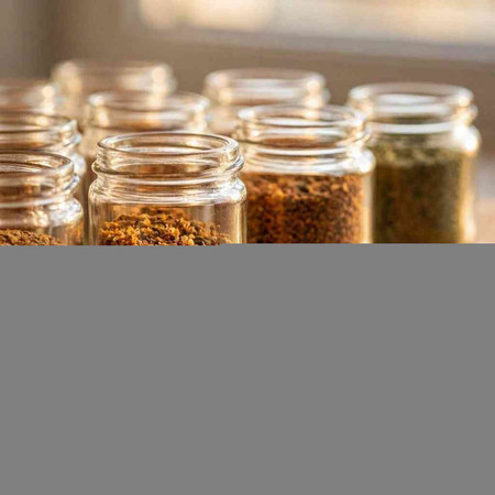 Various spices in glass jars. Selective focus. Copy space.