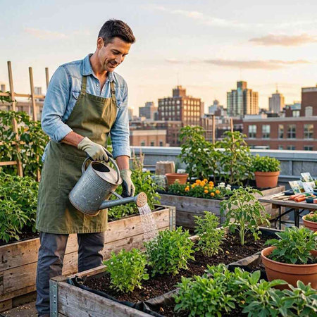 Caucasian male gardener watering seedlings in a greenhouse at sunset