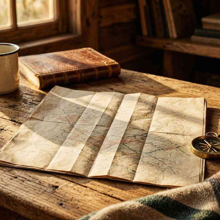 Vintage map, book and cup of tea on a wooden table