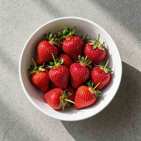 Strawberries in a white bowl on a gray concrete background.
