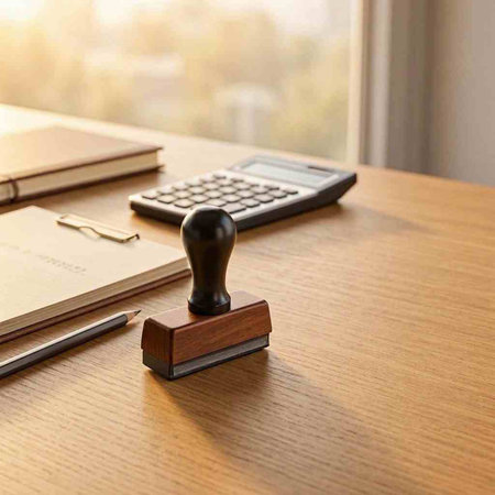 Wooden stamp, calculator and notebook on the table. Close up
