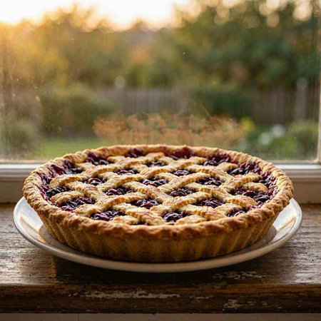 Homemade cherry pie on a rustic wooden table near a window