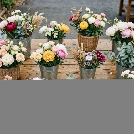 Flower shop. Beautiful bouquets of different flowers in vases